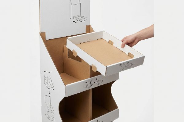Hand inserting a white and brown modular cardboard tray into a retail display stand, featuring assembly guides.
