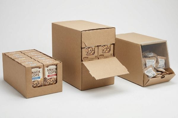 Three brown corrugated shelf-ready packaging examples: a modular tray with Snack Cops Nutty Medley and Berry & Chocolate containers, a tear-away merchandiser, and a gravity-fed bin with snack pouches.