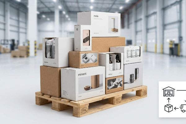 3PL logistics: an EPAL pallet in a warehouse holds stacked 'Moisi', 'Minisit', 'Optiom', 'Pivol' product boxes.