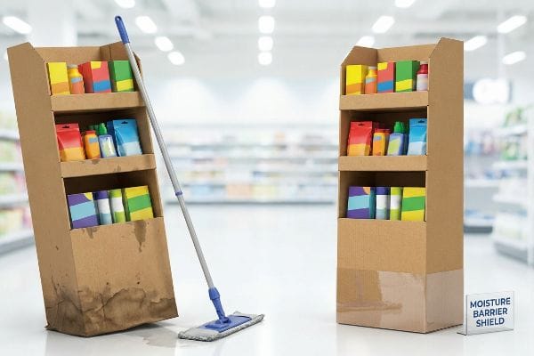 Cardboard retail floor stand displays, one damaged by water and a wet mop, contrasted with a protected display featuring a 