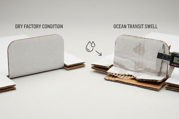 Corrugated cardboard comparison: Dry Factory Condition vs. Ocean Transit Swell, showing moisture-expanded, torn paperboard measured at 0.04 inches by a caliper.