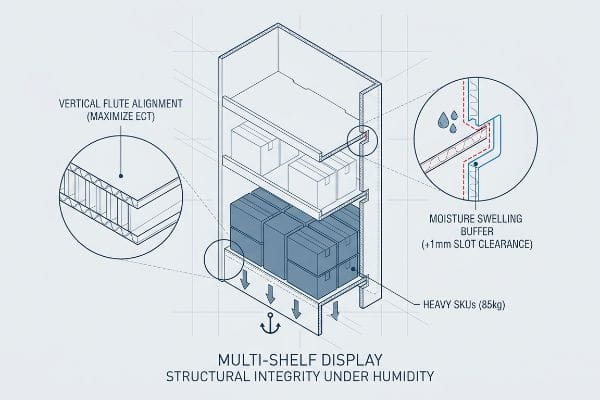 Corrugated multi-shelf display blueprint: Vertical Flute Alignment, Moisture Swelling Buffer (+1mm), Heavy SKUs (85kg).