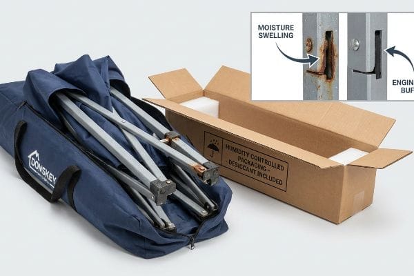 Navy blue Donskey carry bag with a folded pop-up canopy frame showing rusted joints. An open box is labeled 'Humidity Controlled Packaging - Desiccant Included'. An inset compares a rusted slot with 'Moisture Swelling' to a clean slot with 'Engineering Buffer'.