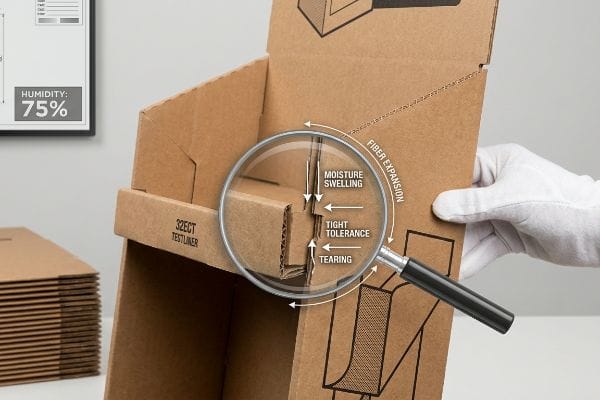 32ECT Testliner cardboard shows moisture swelling, tight tolerance, tearing from fiber expansion, magnified at 75% humidity.