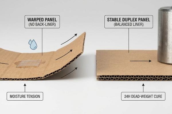 Corrugated cardboard comparison showing a Warped Panel from Moisture Tension versus a Stable Duplex Panel with a 24h Dead-Weight Cure.