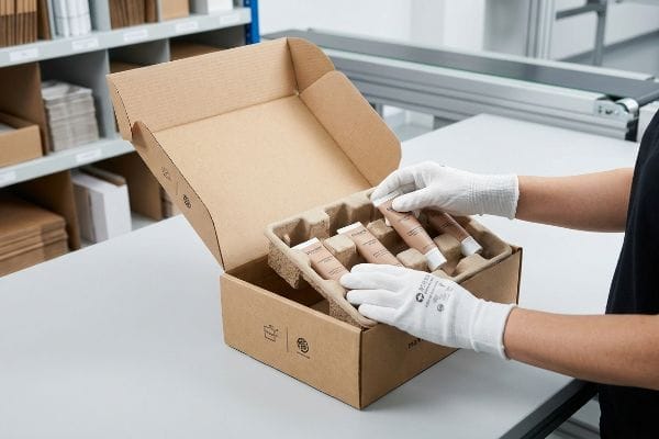 Gloved hands assemble Phyto cosmetic tubes into a molded fiber insert within a corrugated contract packaging box.