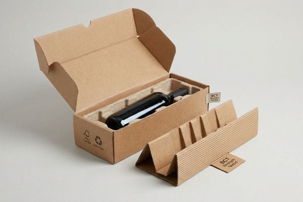 Embalaje sostenible para cajas de vino Caja de cartón corrugado abierta con certificación FSC y separador de pulpa moldeada para botella de vino, junto a un separador con certificación de resistencia BCT.