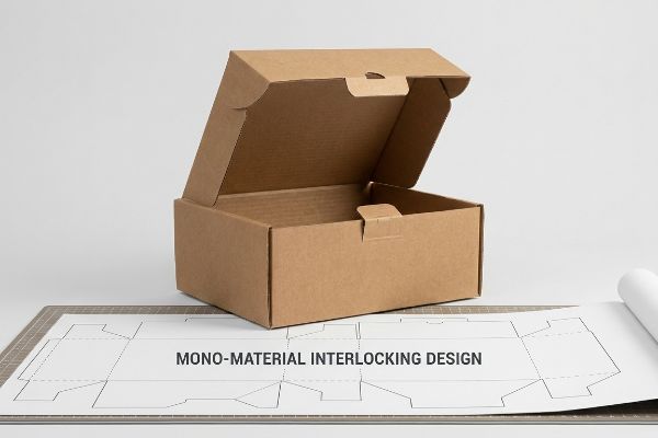Brown kraft cardboard box with an open lid, showcasing its Mono-Material Interlocking Design dieline on a cutting mat.