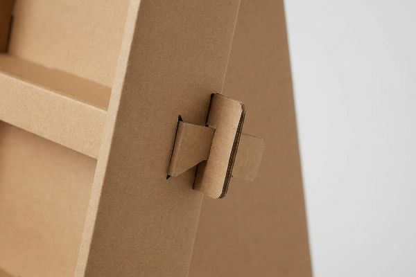 Corrugated cardboard mono-material origami-style paper lock, featuring an intricate interlocking design for sustainable structural support.