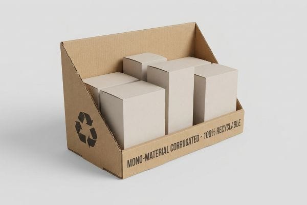 A brown corrugated POP display with a recycling symbol and 'Mono-Material Corrugated - 100% Recyclable' text, showcasing sustainable packaging.