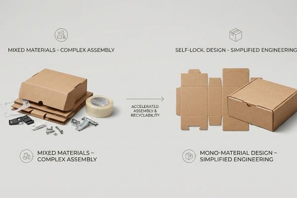 Mono-material corrugated packaging design vs. mixed materials, showing accelerated assembly and recyclability.