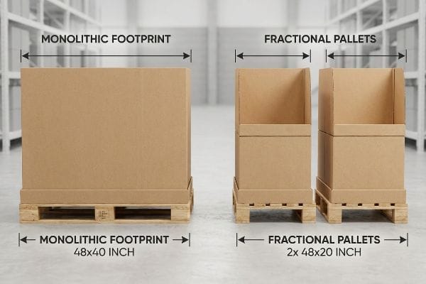 Brown cardboard boxes on wooden pallets demonstrate Monolithic Footprint (48x40 inch) versus Fractional Pallets (2x 48x20 inch) in a warehouse.