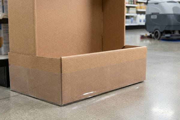 Clear poly-coat moisture barrier applied to the lower section of a corrugated cardboard end cap display base, preventing chemical damage.
