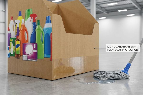 A corrugated cardboard dump bin with cleaning product graphics features a Mop Guard Barrier - Poly-Coat Protection, resisting a floor water spill next to a mop.