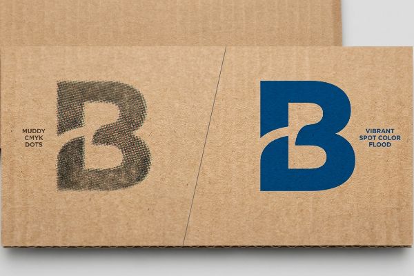 Porous corrugated board shows a 'B' logo with Muddy CMYK Dots halftone print versus a Vibrant Spot Color Flood, illustrating print quality.