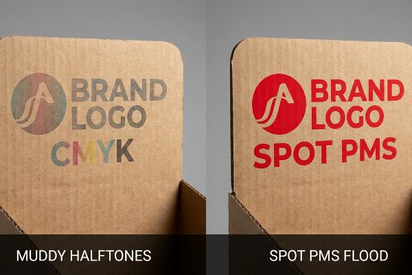 Corrugated cardboard displays comparing Brand Logo printed with Muddy Halftones CMYK versus crisp Spot PMS Flood.