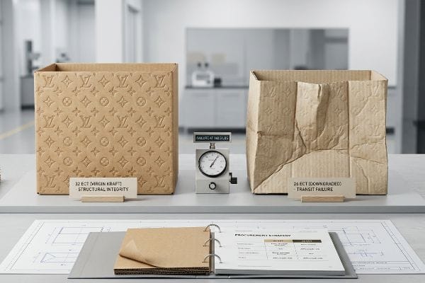 Pristine Louis Vuitton 32 ECT Virgin Kraft box vs. crushed 26 ECT Downgraded box. Mullen Tester shows 'Failure At 142.3 Lbs'.