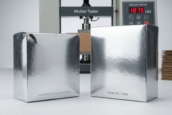 Damaged 'Downgraded Base Material' silver box and intact 'Virgin 32ECT Core' box, Mullen Tester showing 187.5 LBS.