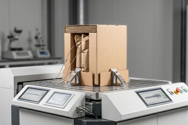 Corrugated cardboard box with kraft paper filler undergoing ISTA 3a multi-axis vibration testing on a lab machine.