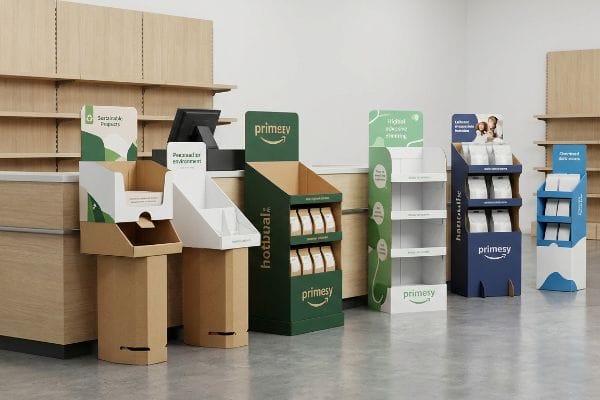 Un magasin de détail présente divers présentoirs de point de vente en carton, notamment des présentoirs Primesy, Hotbual et Sustainable Products, placés près d'étagères en bois.