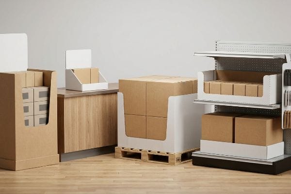Brown cardboard retail displays, including a floor unit, countertop merchandiser, pallet display on a Gma pallet, and shelf-ready packaging.