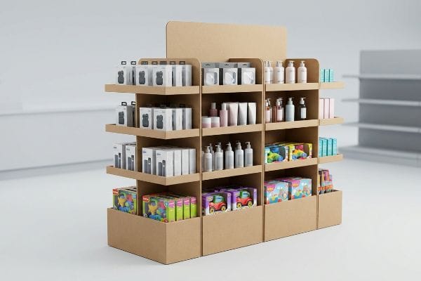 This point-of-purchase display, crafted from natural brown cardboard, effectively organizes electronics, cosmetics, and toys.
