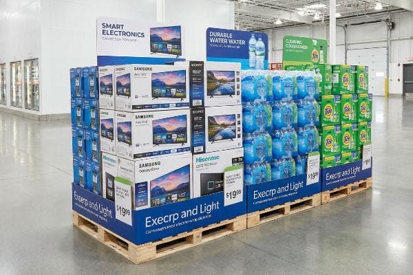 A warehouse club floor features a large pallet wrap display showcasing Samsung, Sony, and Hisense Smart Electronics TVs, bottled Durable Water, and Tide Cleaning Consumables, with a $19.99 price.