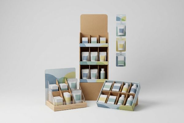 Corrugated floor, wood countertop, shelf-ready tray, and hanging clip strip retail displays showcase pastel-packaged products.