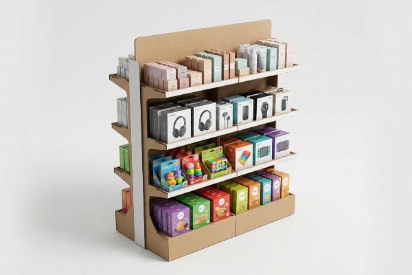A multi-shelf cardboard FSDU displaying consumer electronics, toys, and boxed FMCG products on a white background.