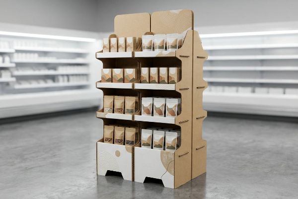 A multi-tiered cardboard point-of-purchase display showcases product pouches with minimalist designs in a retail store aisle.