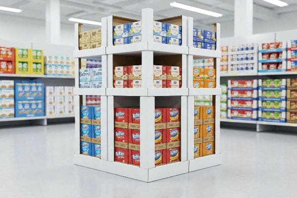 A multi-tiered white cardboard display unit in a club store aisle, showcasing boxes of Buttery, Ritz, and Cheez-It crackers, optimizing product visibility for impulse purchases.