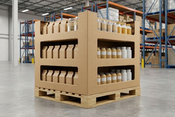 Heavy-duty corrugated cardboard pallet display unit on a wooden pallet, filled with diverse products like jars, bottles, and pouches, in a warehouse.