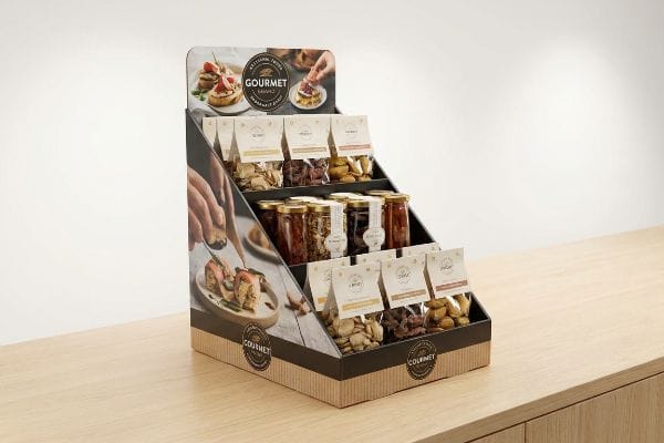A multi-tiered cardboard POS display showcases Gourmet Artisan Foods, featuring glass jars and snack bags of gourmet products.