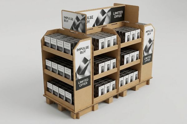 A multi-tiered corrugated cardboard retail display filled with black and white product boxes, featuring 'Impulse Buy' and 'Limited Offer' signage.