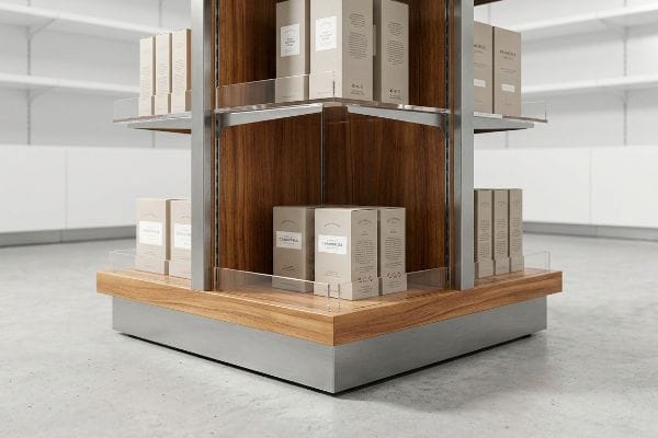 Multi-tiered corner POP display features wooden panels, clear acrylic shelves, and light brown product boxes labeled 'Chantilly' and 'Klaras' on a brushed metal base.