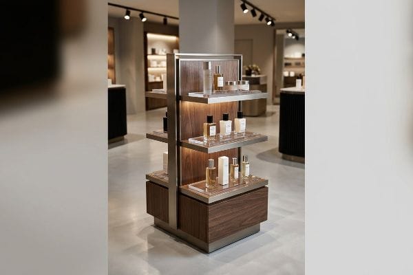 An upscale retail display, made of dark wood and brushed metal, showcases premium perfume and cosmetic bottles with integrated lighting.