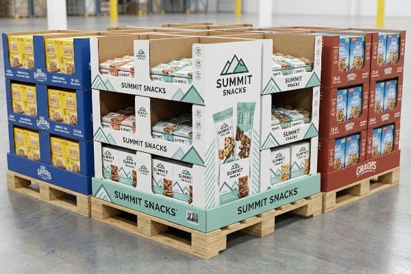 Corrugated fractional pallet displays showcase Summit Snacks, Smucker's, and Grachs granola bars in a warehouse.