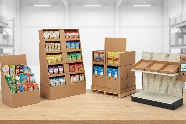 Corrugated retail displays: floor, countertop, pallet, shelf trays, and sidekick, stocked with products.