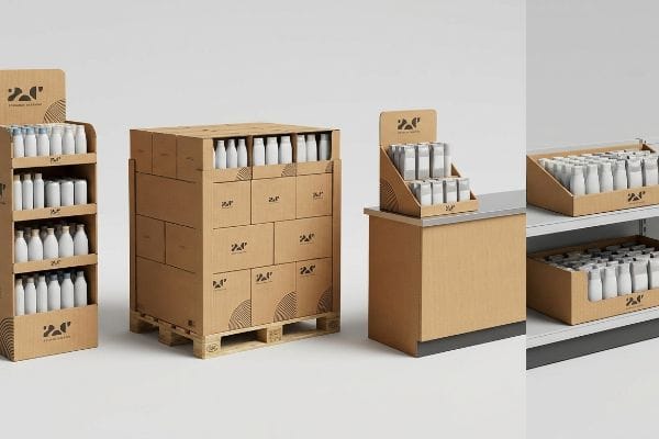 Kraft corrugated cardboard displays featuring a floor stand, pallet merchandiser, countertop unit, and shelf-ready trays with white bottles, branded '24' Standard Package.