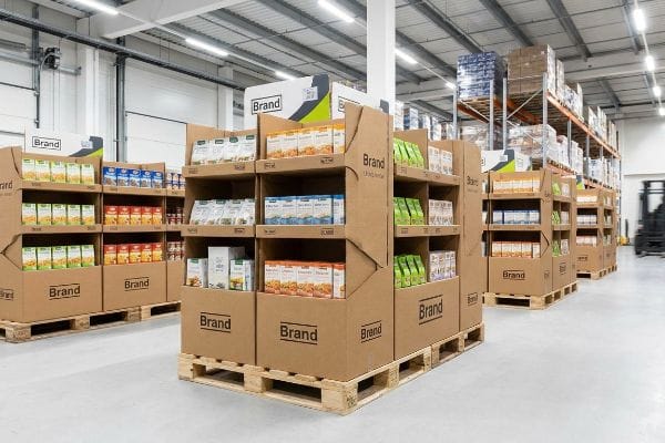 يضم تصميم المستودع العديد من منصات العرض الكرتونية التي تحمل علامة "Brand"، كل منها مليء بمنتجات غذائية متنوعة معبأة، جاهزة للعرض في متاجر البيع بالتجزئة.