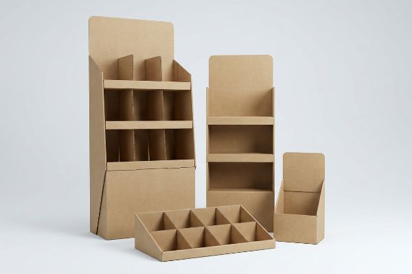Various empty natural kraft brown corrugated cardboard retail displays, including floor merchandisers and countertop POP units.