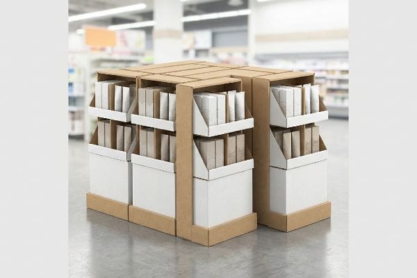 Brown cardboard and white fractional pallet displays filled with generic product boxes stand in a supermarket aisle.
