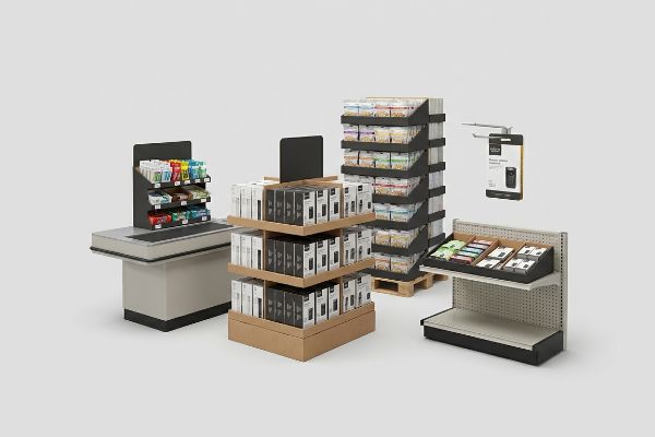 A collection of retail point-of-purchase displays, featuring a countertop unit, two pallet builds, a hang tab, and a shelf tray.