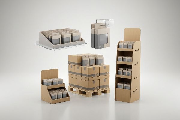 Showcasing diverse retail display types: floor stands, countertop units, pallet merchandisers, and hang tab displays for product packaging.