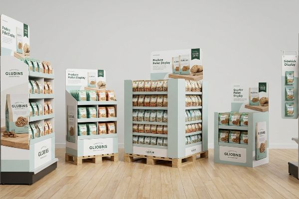 Light blue Gludins retail displays: produce pallet, quarter pallet, and sidekick units, showcasing snack products.