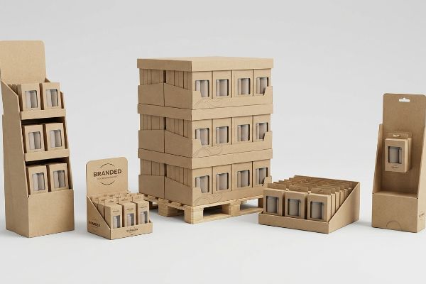 Kraft cardboard retail displays: floor standee, Branded countertop unit, pallet merchandisers, shelf tray, and hang tab displays with windowed boxes.