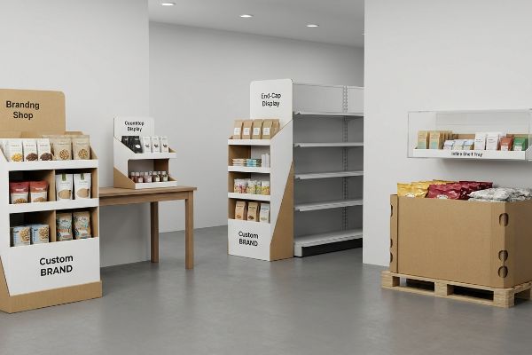 Cardboard retail displays: a 'Branding Shop' Freestanding Floor Merchandiser, 'Countertop Display' unit, 'End-Cap Display', 'Inline Shelf Tray', and a Pallet Display with bulk goods.