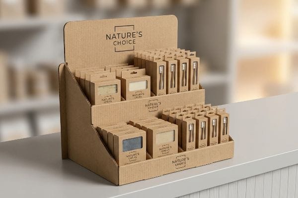 A multi-tiered cardboard point-of-sale display featuring Nature's Choice soap bars and bamboo toothbrushes.