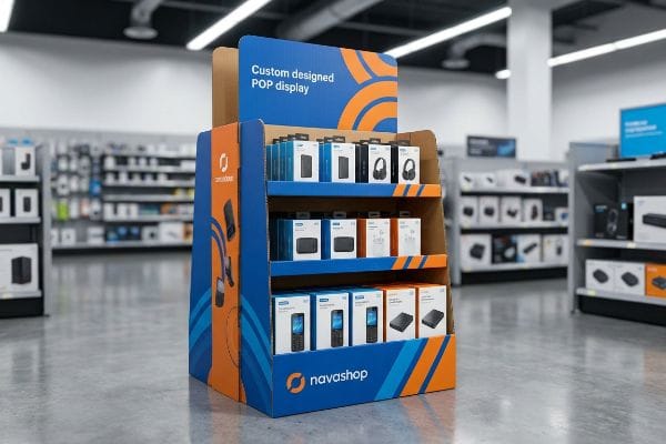 Custom Designed POP Display Blue, orange "Custom designed POP display" by Navashop, Cellshop, holds packaged headphones, phones, hard drives.