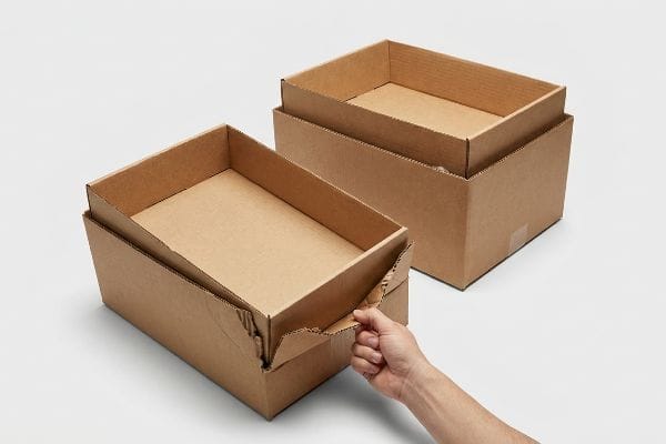 Brown cardboard retail-ready tray being extracted from a master shipping carton by a hand, illustrating friction and a torn retaining lip during unpacking.